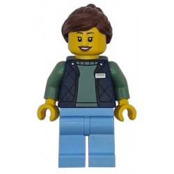 Delivery Worker - Female, Dark Blue Bodywarmer over Sand Green Sweater, Bright Light Blue Legs, Reddish Brown Hair, Hearing Aid – ГРАДСКИ