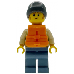 Man - Tan Knit Cable Sweater, Orange Life Jacket, Sand Blue Legs, Dark Bluish Gray Beanie – ГРАДСКИ