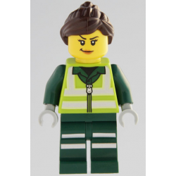 Recycling Worker - Female, Lime Safety Jacket with Reflective Stripes, Dark Green Legs with Reflective Stripes, Dark Brown Ponytail and Swept Sideways Fringe – ГРАДСКИ