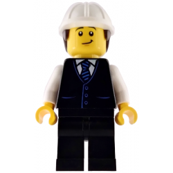 Construction Engineer / Architect - Male, Black Vest with Blue Striped Tie, Black Legs, White Construction Helmet with Dark Brown Hair, Lopsided Grin – ГРАДСКИ