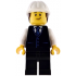 Construction Engineer / Architect - Male, Black Vest with Blue Striped Tie, Black Legs, White Construction Helmet with Dark Brown Hair, Lopsided Grin – ГРАДСКИ