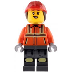 Construction Worker - Female, Reddish Orange Safety Jacket with Reflective Stripes, Dark Bluish Gray Legs, Red Construction Helmet with Dark Brown Ponytail Hair, Open Mouth Smile with Top Teeth – ГРАДСКИ