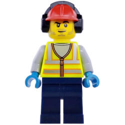 Airport Worker - Male, Neon Yellow Safety Vest with Reflective Stripes, Dark Blue Legs, Red Construction Helmet with Black Ear Protectors / Headphones, Stubble – ГРАДСКИ