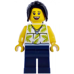 Plane Passenger - Female, White Sleeveless Top with Lime Palm Leaves, Dark Blue Legs, Black Hair Ponytail – ГРАДСКИ