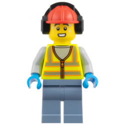 Airport Worker - Male, Neon Yellow Safety Vest with Reflective Stripes, Sand Blue Legs, Red Construction Helmet with Black Ear Protectors / Headphones – ГРАДСКИ