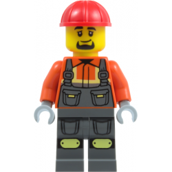 Construction Worker - Male, Dark Bluish Gray Overalls over Reddish Orange Safety Jacket with Reflective Stripes, Dark Bluish Gray Legs with Knee Pads, Red Construction Helmet, Goatee – ГРАДСКИ