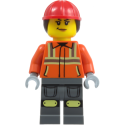 Construction Worker - Female, Reddish Orange Safety Jacket with Reflective Stripes, Dark Bluish Gray Legs with Knee Pads, Red Construction Helmet with Dark Brown Ponytail Hair, Smirk – ГРАДСКИ