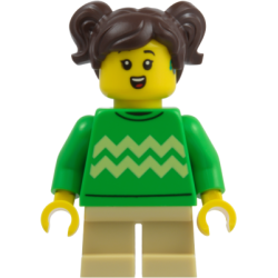 Child - Girl, Bright Green Sweater with Bright Light Yellow Zigzag Lines, Hearing Aid, Tan Short Legs, Dark Brown Hair with Pigtails – ГРАДСКИ