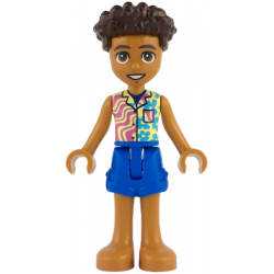 Friends Aron - Yellowish Green and Bright Light Yellow Shirt with Dark Azure Flowers and Dark Pink Wavy Lines, Blue Shorts, Bare Feet – ПРИЯТЕЛИ