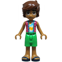 Friends Leo - Coral and Magenta Checkered Sleeveless Shirt, Bright Green Shorts, Dark Blue Sandals – ПРИЯТЕЛИ
