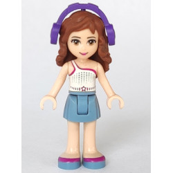 Friends Olivia (Light Nougat) - Sand Blue Skirt, White One Shoulder Top with Magenta Trim, Headphones – ПРИЯТЕЛИ