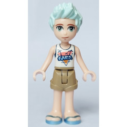 Friends Charli - White Top with Dark Blue Trim and Palm Trees, Dark Tan Shorts, Metallic Light Blue Sandals – ПРИЯТЕЛИ
