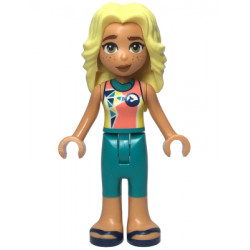 Friends Dia - Coral and Yellow Wetsuit with Dolphin / Whale Logo and Triangles, Dark Turquoise Trousers, Dark Blue Sandals – ПРИЯТЕЛИ