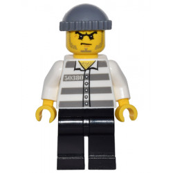 Police - Jail Prisoner 50380 Prison Stripes, Black Legs, Dark Bluish Gray Knit Cap, Beard Stubble and Scowl – МАРКА ЛЕГО