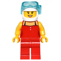 Red Female Top with 2 White Buttons and Black Straps, Red Legs, White Helmet, Scuba Mask, Peach Lips, Open Mouth Smile – МАРКА ЛЕГО