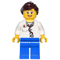 Doctor - Lab Coat Stethoscope and Thermometer, Blue Legs, Dark Brown Ponytail and Swept Sideways Fringe, Glasses and Smile – МАРКА ЛЕГО