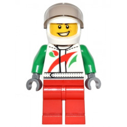 Octan - Jacket with Red and Green Stripe, Red Legs, White Helmet, Trans-Brown Visor, Crooked Smile and Laugh Lines – МАРКА ЛЕГО