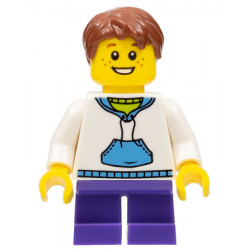 Child - Boy, White Hoodie with Medium Blue Pocket, Dark Purple Short Legs, Reddish Brown Hair, Freckles – ПРАЗНИЦИ И СЪБИТИЯ