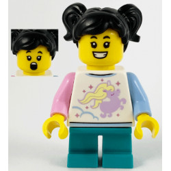 Child - Girl, White Shirt with Unicorn, Dark Turquoise Short Legs, Black Hair with Pigtails – ПРАЗНИЦИ И СЪБИТИЯ
