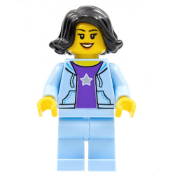 Woman, Black Hair, Bright Light Blue Jacket, Dark Purple Star Shirt, Bright Light Blue Legs – ПРАЗНИЦИ И СЪБИТИЯ
