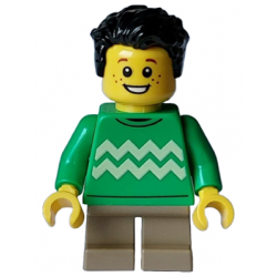 Child - Boy, Bright Green Sweater with Bright Light Yellow Zigzag Lines, Dark Tan Short Legs, Black Tousled Hair, Freckles – ПРАЗНИЦИ И СЪБИТИЯ