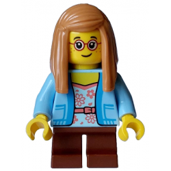 Child - Girl, Bright Light Blue Jacket over White Shirt with Coral Flowers, Reddish Brown Short Legs, Medium Nougat Hair Long, Red Glasses – ПРАЗНИЦИ И СЪБИТИЯ