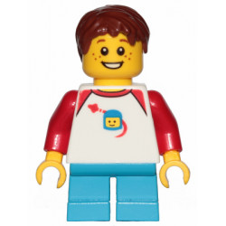 Boy, Freckles, Classic Space Shirt with Red Sleeves, Dark Azure Short Legs, Reddish Brown Hair Short Tousled with Side Part – ЛЕГО ИДЕИ