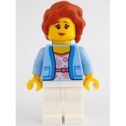 Woman - Bright Light Blue Jacket over White Shirt with Coral Flowers, White Legs, Dark Orange Hair with Braid – ЛЕГО ИДЕИ