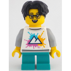 Child - Boy, White Shirt with Mountains Logo, Dark Turquoise Short Legs, Black Hair Wavy, Glasses – ЛЕГО ИДЕИ