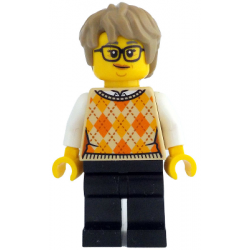 Woman - Tan Knit Argyle Sweater Vest, Black Legs, Dark Tan Thick Messy Hair, Glasses – ЛЕГО ИДЕИ