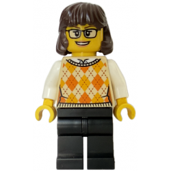 Woman - Tan Knit Argyle Sweater Vest, Black Legs, Dark Brown Hair, Glasses – ЛЕГО ИДЕИ