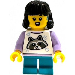 Child - Girl, White Top with Raccoon, Dark Turquoise Short Legs, Black Midlength Hair, Hearing Aid – ЛЕГО ИДЕИ