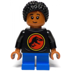 Junior Paleontologist - Girl, Black Shirt with Jurassic Park Logo, Blue Short Legs, Black Hair Braided with Knot Bun – ДЖУРАСИК СВЯТ