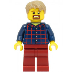 LEGOLAND Park Male, Dark Blue Plaid Button Shirt with Wide Neck and Back Print, Dark Tan Short Tousled Hair, Goatee – ПАРКОВЕ ЛЕГОЛАНД