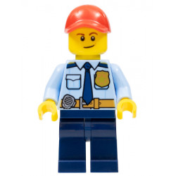 LEGOLAND Park Police Officer with Shirt with Dark Blue Tie and Gold Badge, Dark Tan Belt with Radio, Dark Blue Legs, Red Cap, Lopsided Smile – ПАРКОВЕ ЛЕГОЛАНД