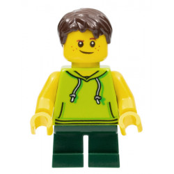 LEGOLAND Park Boy with Dark Brown Hair, Lime Sleeveless Hoodie, Dark Green Short Legs – ПАРКОВЕ ЛЕГОЛАНД