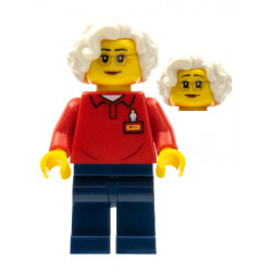LEGOLAND Park Worker Older Female, Glasses, White Hair, Red Polo Shirt with 'LEGOLAND' on Back and Dark Blue Legs – ПАРКОВЕ ЛЕГОЛАНД