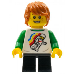 Child - Boy, Classic Space Shirt with Minifigure Floating and Back Print, Black Short Legs, Dark Orange Tousled Hair, Freckles – ПАРКОВЕ ЛЕГОЛАНД