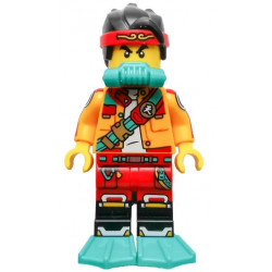 Monkie Kid - Bright Light Orange Open Jacket with Shoulder Strap, Dark Turquoise Scuba Breathing Regulator and Flippers, Frown – МОНКИ КИД