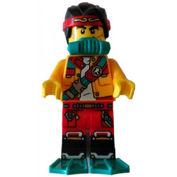 Monkie Kid - Bright Light Orange Open Jacket with Shoulder Strap, Dark Turquoise Scuba Breathing Regulator and Flippers, Open Mouth – МОНКИ КИД