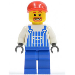 Overalls Striped Blue with Pocket, Blue Legs, Red Short Bill Cap, Beard Around Mouth – ГРАДСКИ