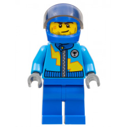 Dark Azure Racing Jacket with Zipper and Yellow Lightning Bolt Pattern, Blue Helmet, Trans-Brown Visor – ГРАДСКИ