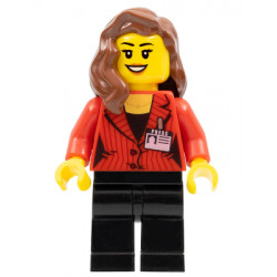 Camerawoman - Red Suit Jacket with Press Pass, Black Legs, Reddish Brown Female Hair over Shoulder, Open Mouth Smile with Peach Lips – СКОРОСТНИ ШАМПИОНИ