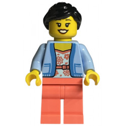 LEGO Store Customer - Female, Bright Light Blue Jacket over White Shirt with Coral Flowers, Coral Legs, Black Ponytail – МАРКА ЛЕГО