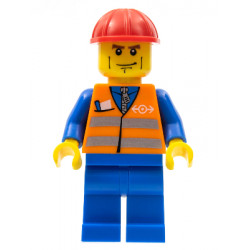 Orange Vest with Safety Stripes - Blue Legs, Brown Eyebrows and Cheek Lines, Red Construction Helmet – ВЛАКОВЕ