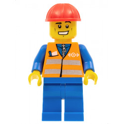 Orange Vest with Safety Stripes - Blue Legs, Cheek Lines and Wide Grin, Red Construction Helmet – ВЛАКОВЕ