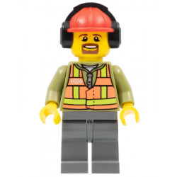 Light Orange Safety Vest, Dark Bluish Gray Legs, Red Construction Helmet with Black Ear Protectors / Headphones, Goatee – ВЛАКОВЕ