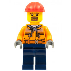 Forklift Driver - Male, Orange Safety Jacket, Reflective Stripe, Sand Blue Hoodie, Dark Blue Legs, Red Construction Helmet, Goatee – ВЛАКОВЕ