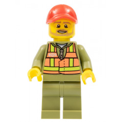 Train Driver - Orange Safety Vest with Lime Straps, Olive Green Legs, Red Cap with Hole, Beard Dark Tan Angular – ВЛАКОВЕ