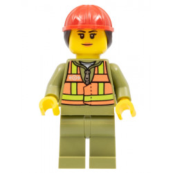 Train Worker - Female, Orange Safety Vest with Lime Straps, Olive Green Legs, Red Construction Helmet with Dark Brown Ponytail Hair – ВЛАКОВЕ
